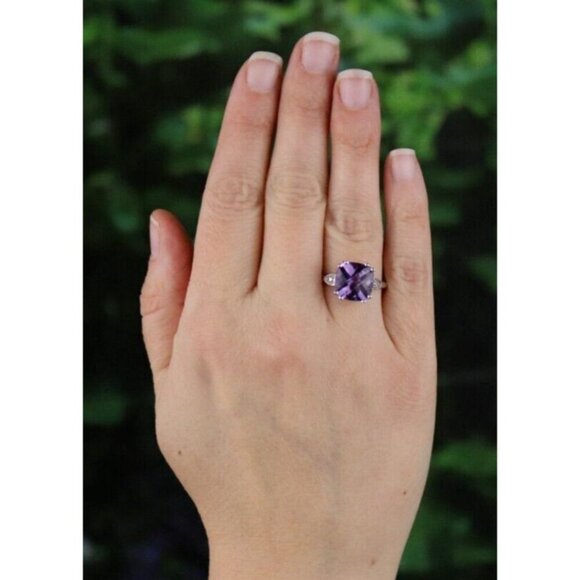 10k White Gold Natural Amethyst and Diamond Ring Size 7 - Picture 3 of 9